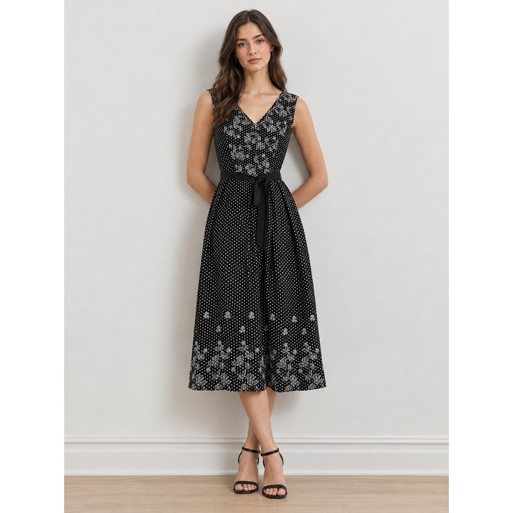 Studio 1940 Polka Dot Floral Embroidered Cotton Midi Dress Black White Size 8